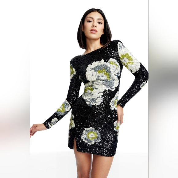 Dress the Population Nathalia Sequin Black Floral Long Sleeve Mini - Picture 1 of 10
